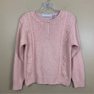Vintage Bramble Lane Sweater Womens Medium Pink Floral Knit Pearls Soft Wool 90s